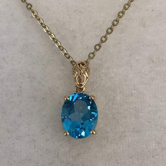 NEW - Macy's 14KT Solid Gold Genuine Oval Blue Topaz Pendant Glamcore Sparkly - Picture 5 of 17